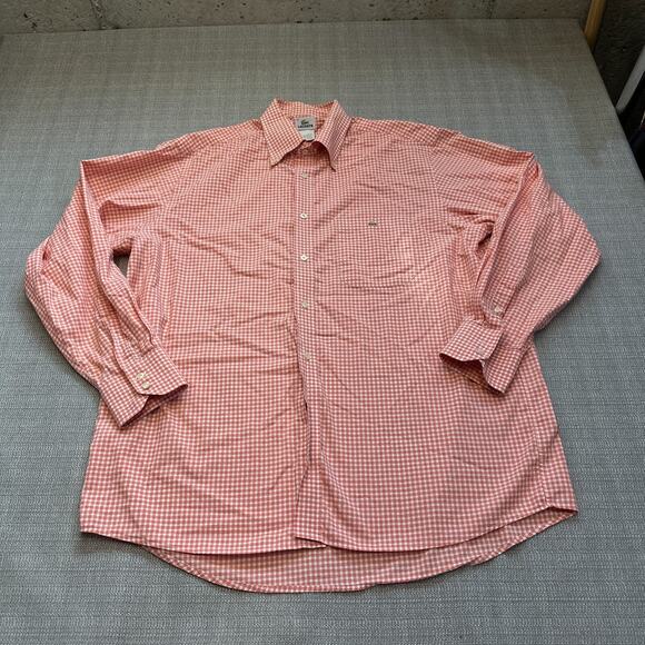 Lacoste Shirt Mens 44‎ US XL Orange White Check Gingham Button Up Long Sleeve* - Picture 1 of 11